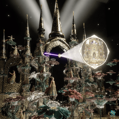 Fantasy Castle with Floating Flowers and Magic Beam