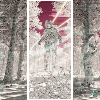 Floating Astronaut in a Pale Glitched Forest Triptych