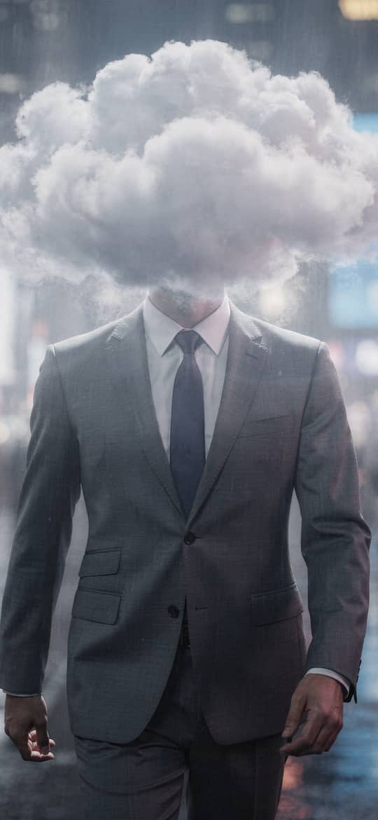 Businessman with Cloud Head in Rainy City