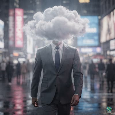 Businessman with Cloud Head in Rainy City