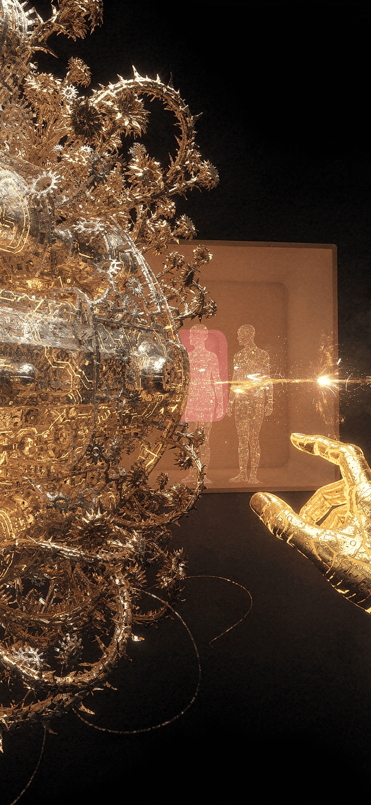 Golden Robotic Hand Reaching Toward a Glowing Portal
