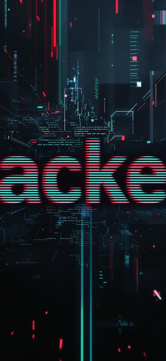 Hacked Neon Text in Cyberpunk Cityscape