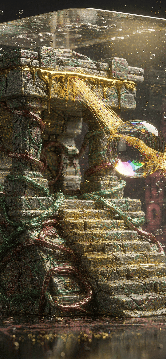 Vine-Covered Stone Ruin Sealed in a Glass Cube