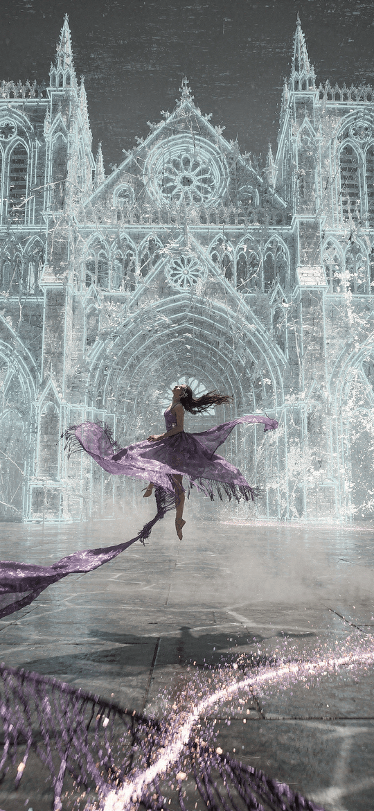 Dancer Twirling Before Luminous Gothic Cathedral