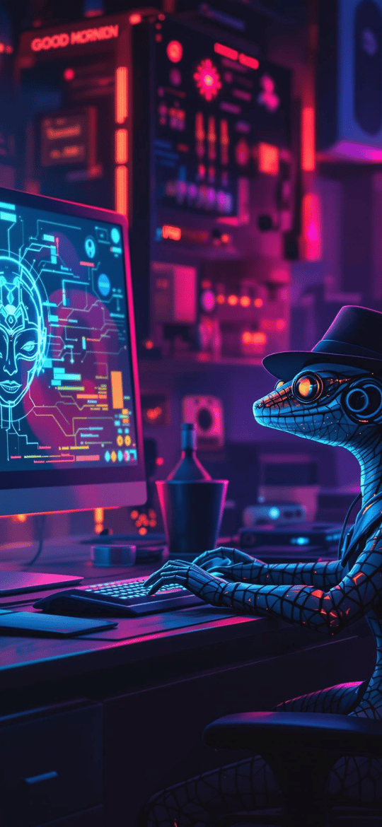 Neon Cyberpunk Lizard Hacker at Desk