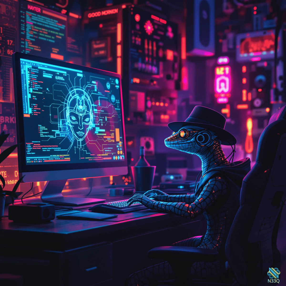 Neon Cyberpunk Lizard Hacker at Desk
