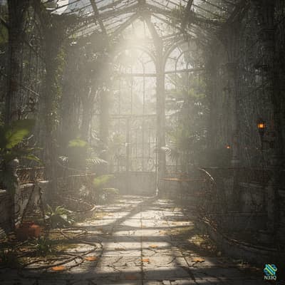 Sunlit Overgrown Greenhouse Stone Path