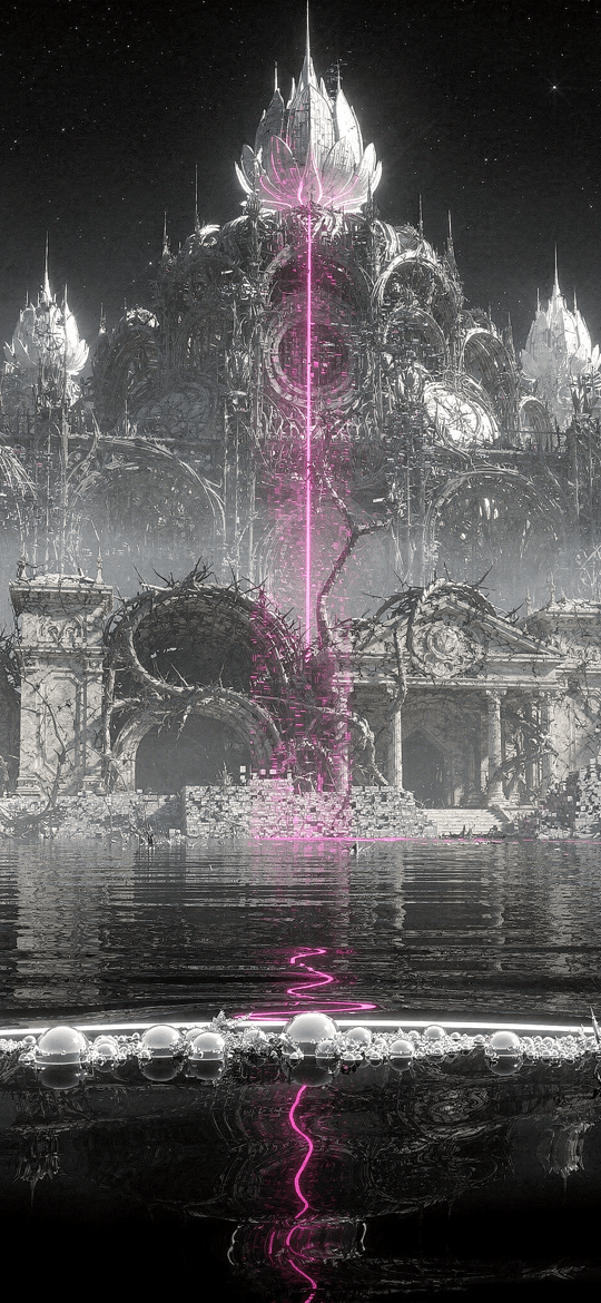 Crystalline Ruins with Pink Lightning Strike