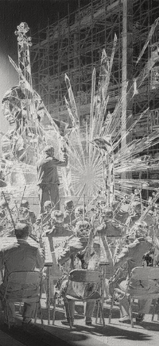 Negative-Image Orchestra Beneath Scaffolding