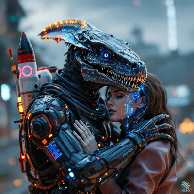 Cyborg T-Rex Embracing Woman in Neon City