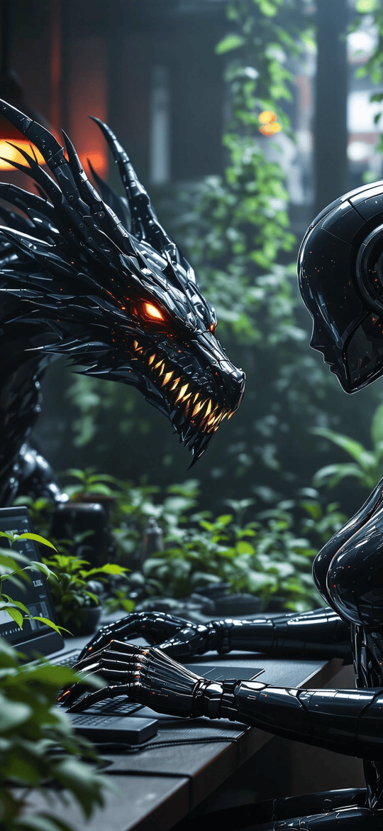 Cyborg Facing Black Dragon at Desk