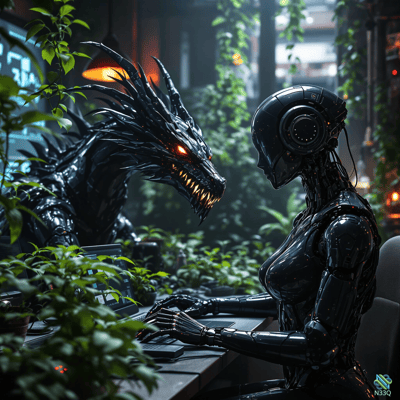 Cyborg Facing Black Dragon at Desk