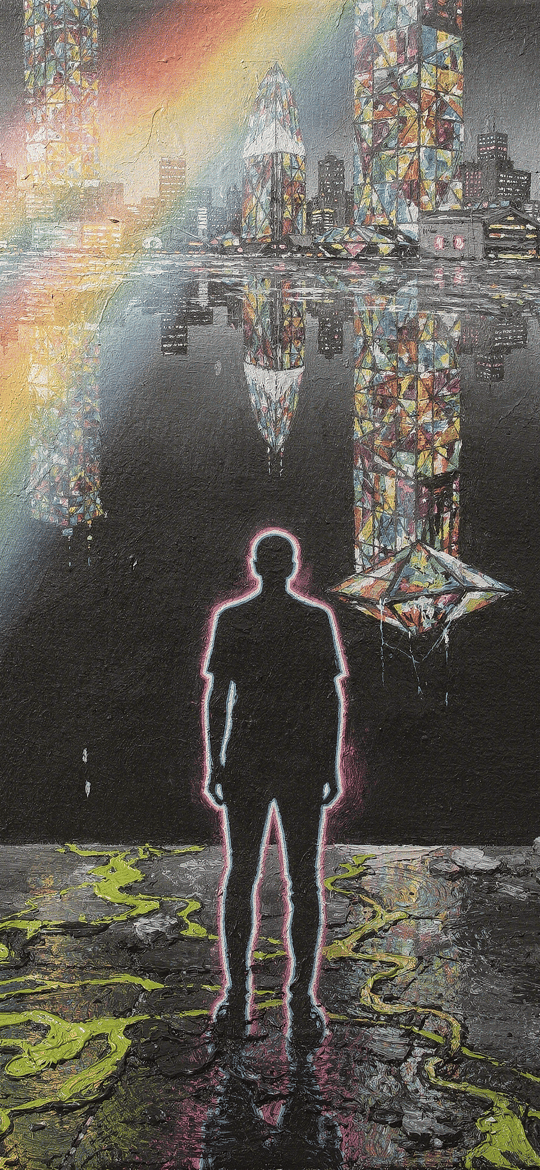 Glowing Silhouette Facing a Mirrored Stained-Glass City