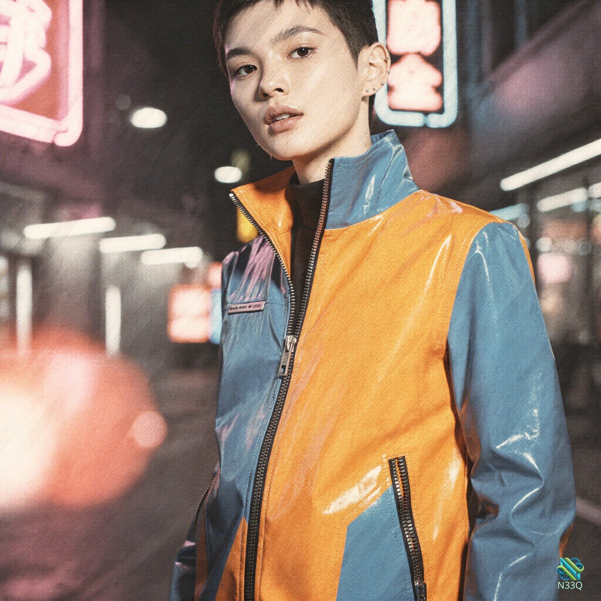 Man in Orange Blue Jacket Under Neon Lights
