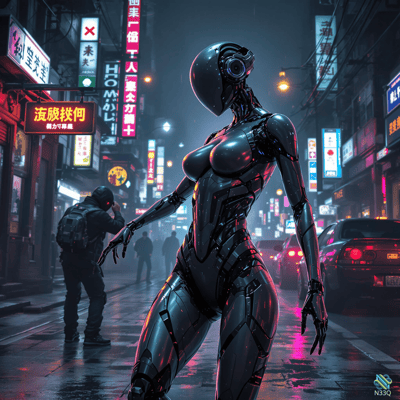 Female Android in Neon Cyberpunk Rain