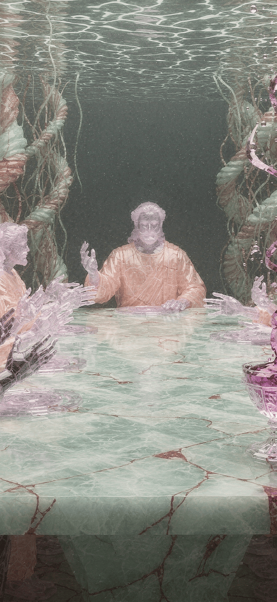 Ethereal Smoke Figures at Underwater Marble Table
