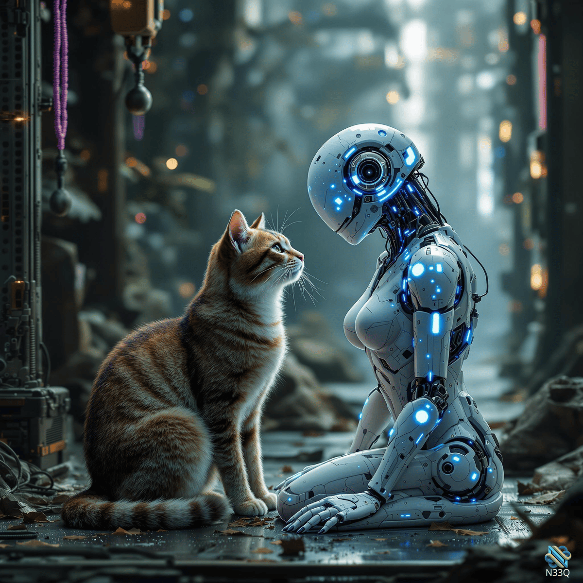 Robot Kneeling Before Orange Tabby Cat