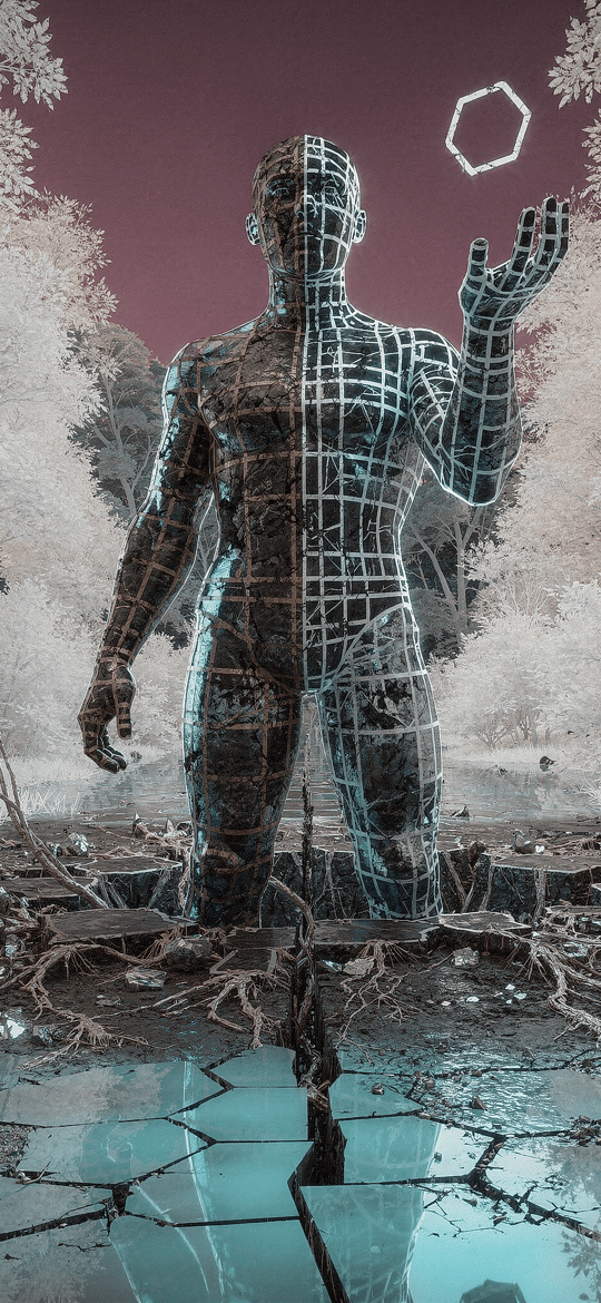 Gridded Glass Figure Rising from Cracked Ice