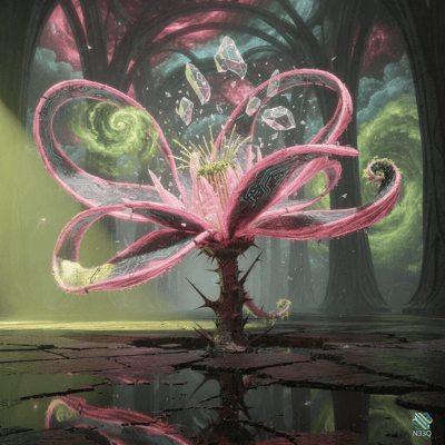 Pink Thorny Flower Amid Floating Crystals