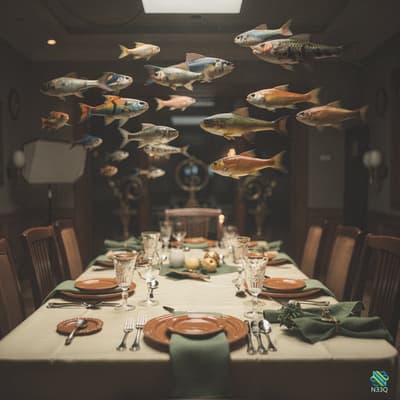 Colorful Fish Swimming Over Formal Dining Table