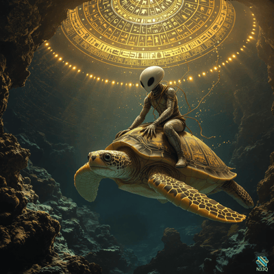 Astronaut Riding Turtle Under Glowing Portal