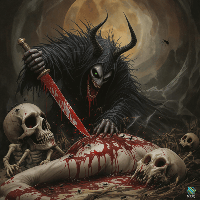 Horned Demon Over Bloody Corpse with Skulls