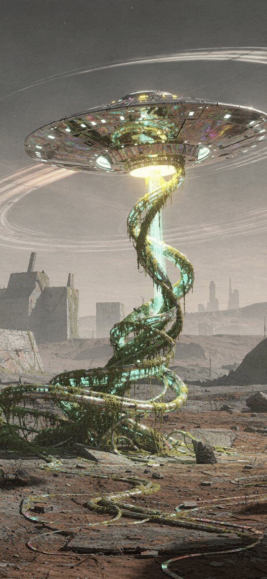 UFO with Spiral Vines in Ruined City