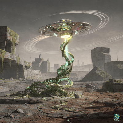 UFO with Spiral Vines in Ruined City