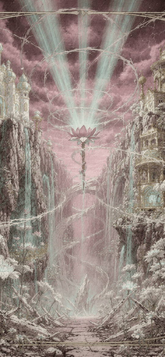 Glowing Lotus Between Cliffside Castles