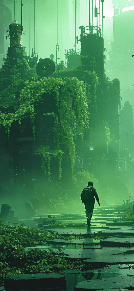 Lone Wanderer in Overgrown Green Ruins