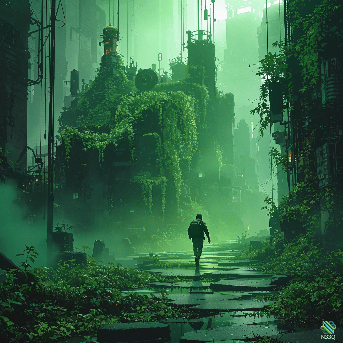 Lone Wanderer in Overgrown Green Ruins