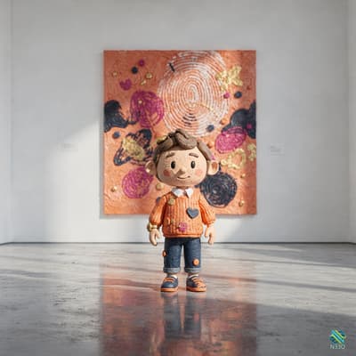 Boy Doll Before Orange Abstract Painting