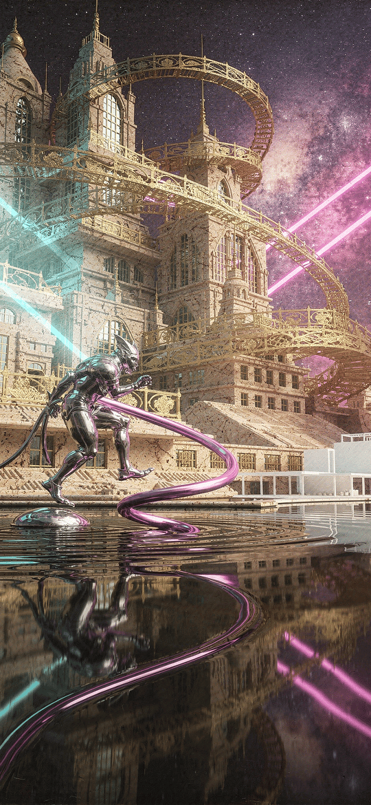 Cyborg with Energy Tendrils Before Neon Cathedral