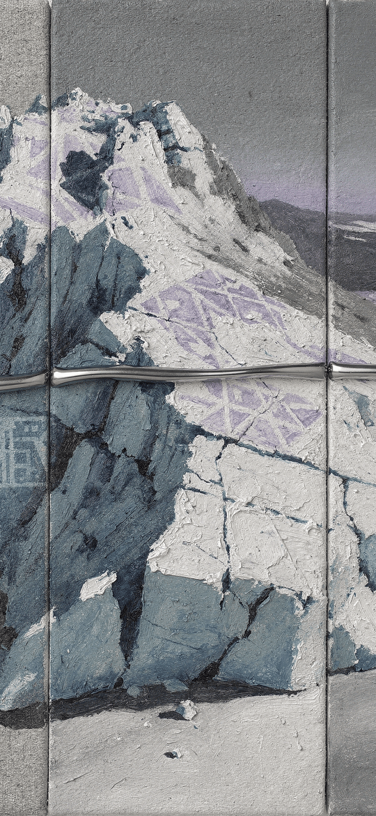 Rocky Crag Painted Across Three Canvas Panels