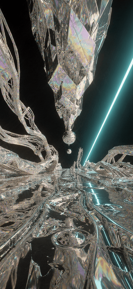 Iridescent Glass Shards Around a Teal Laser Line