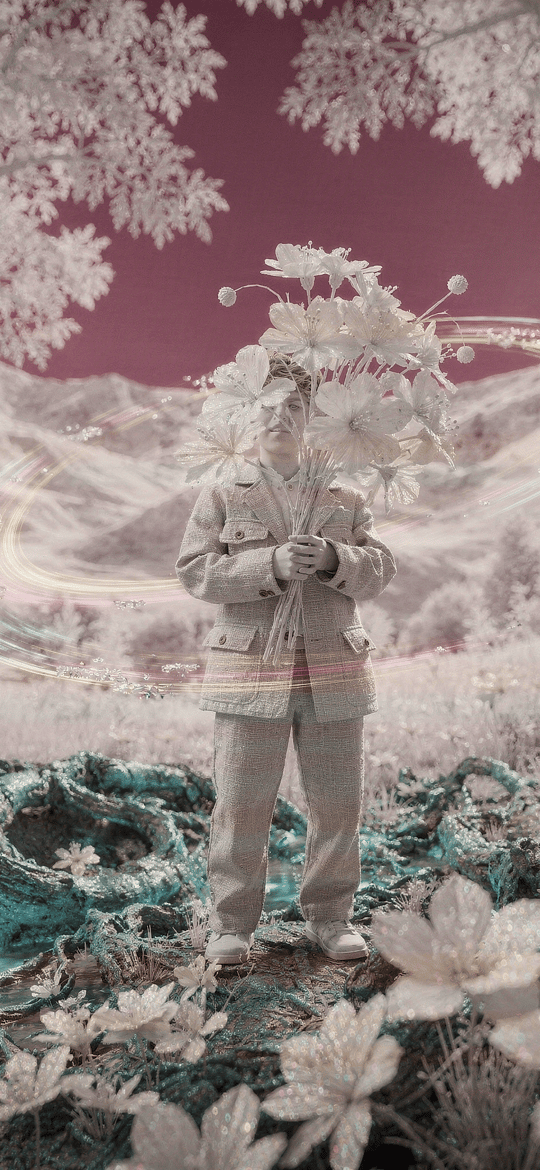 Figure with Flower Head in Pink Forest