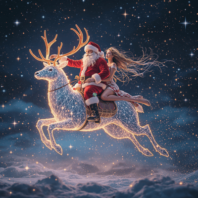 Santa and Woman on Glowing Wireframe Reindeer