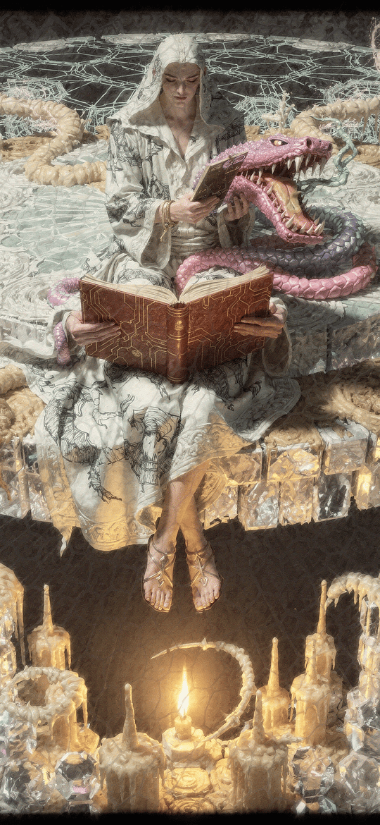 Hooded Figure Reading with Pink Serpent