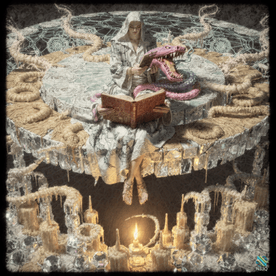 Hooded Figure Reading with Pink Serpent