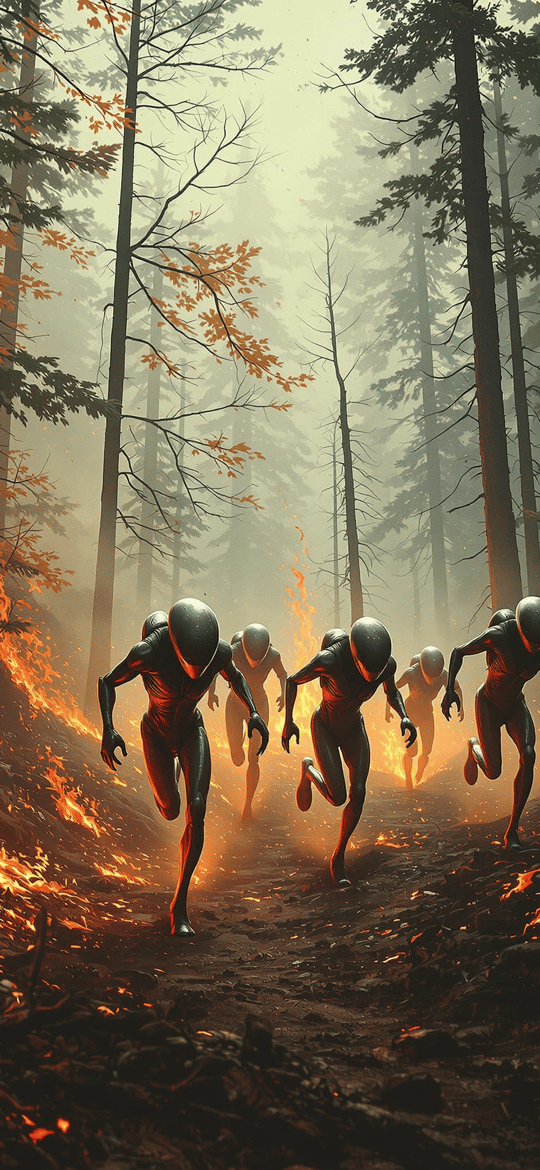 Aliens Fleeing Through Burning Forest