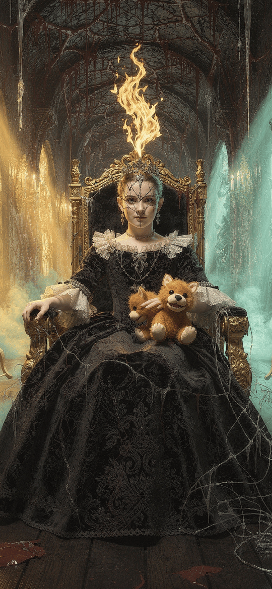 Gothic Queen with Flaming Head and Teddy Bear