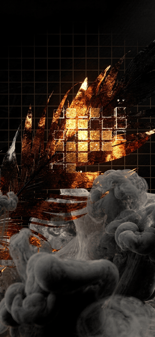 Burning Feather in Grey Smoke over a Glowing Grid