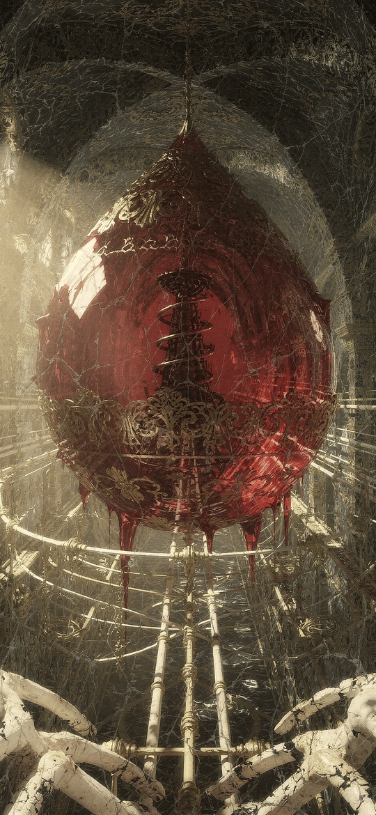Red Ornate Vessel in Gothic Ruins