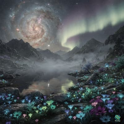 Spiral Galaxy Over Aurora Mountain Lake