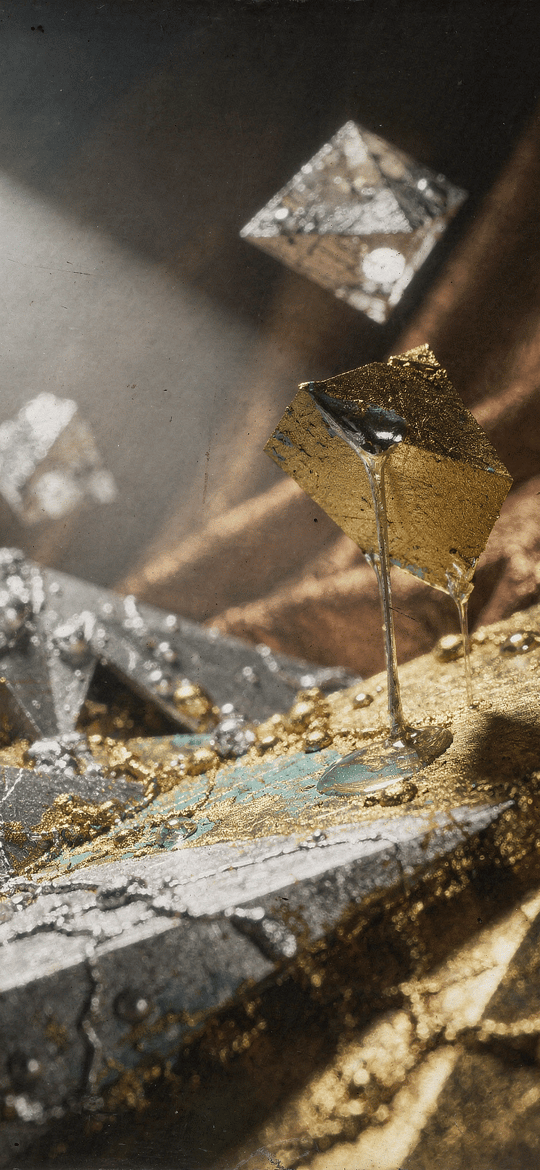 Floating Gold Cube Above Cracked Stone Slabs