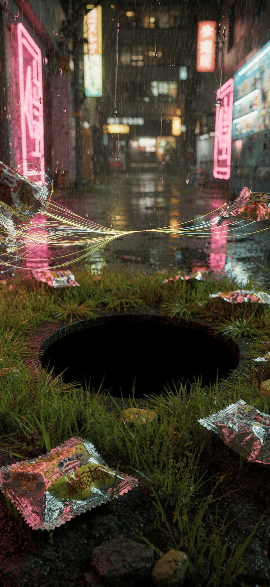 Plastic Wrappers Around a Hole in a Neon Alley