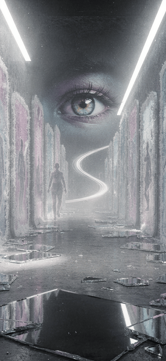 Graffiti Corridor with Giant Eye and Broken Glass