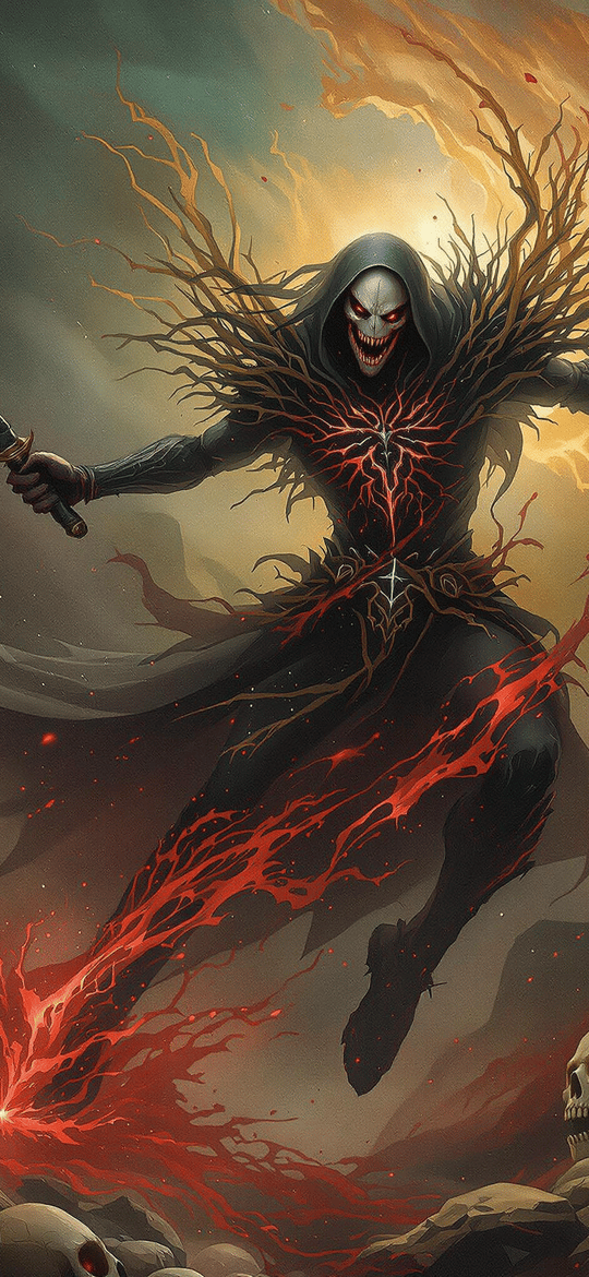 Fiery Grim Reaper Among Human Skulls