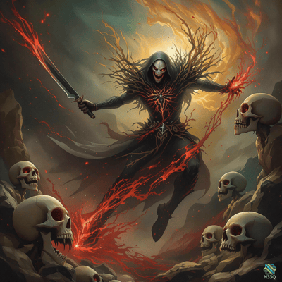 Fiery Grim Reaper Among Human Skulls