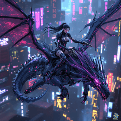 Woman Riding Mechanical Dragon Over Neon City